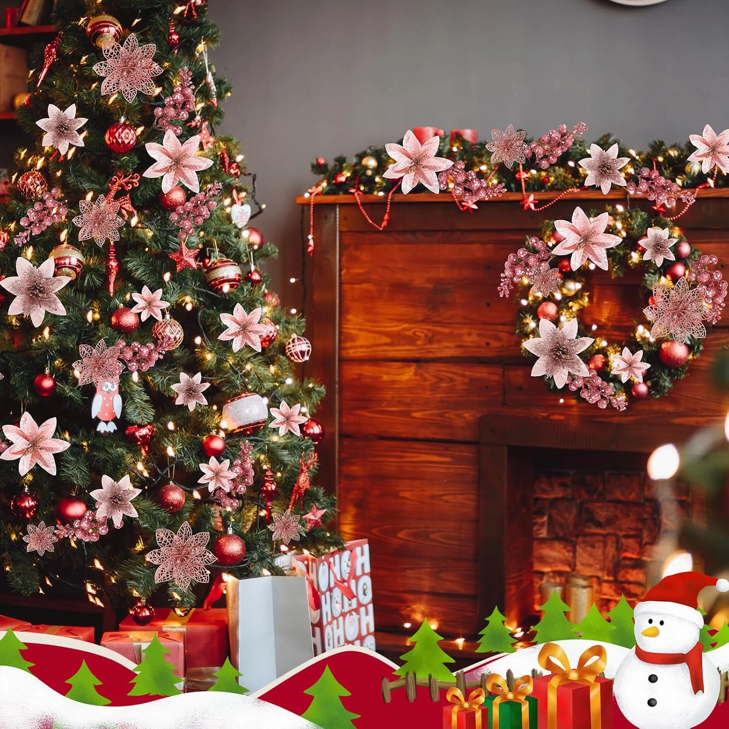 Zeyune 48 Pcs 3 Styles Christmas Glitter Poinsettia Flowers Artificial Berry Picks Artificial Christmas Flowers with Clips for Xmas Tree Wedding Wreath Holiday Party Decorations(Rose Gold)