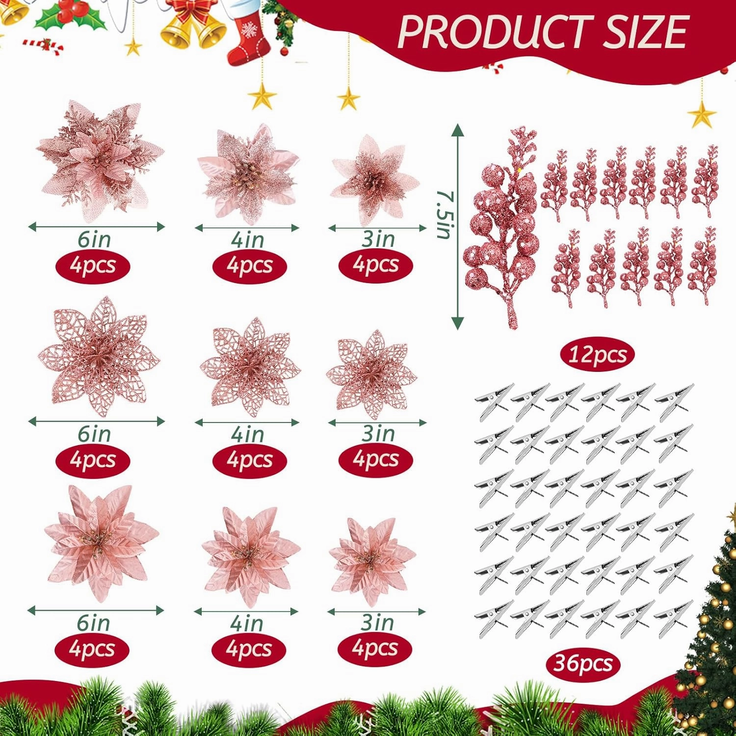 Zeyune 48 Pcs 3 Styles Christmas Glitter Poinsettia Flowers Artificial Berry Picks Artificial Christmas Flowers with Clips for Xmas Tree Wedding Wreath Holiday Party Decorations(Rose Gold)