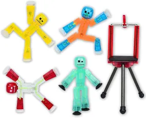 Zing Stikbot 4 Pack with Tripod, Set of 4 Stikbot Collectable Action Figures and Mobile Phone Tripod, Create Stop Motion Animation