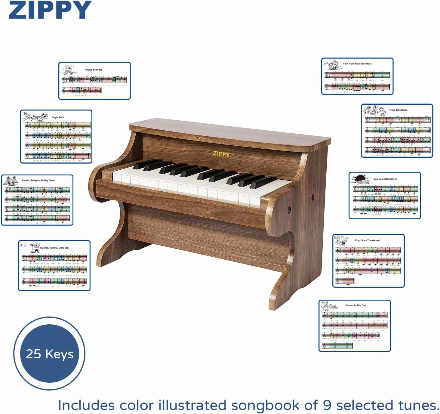 ZIPPY Kids Piano Keyboard, 25 Keys Digital Piano for Kids, Mini Music Educational Instrument Toy, Wood Toy for Toddlers Girls Boys (Walnut)