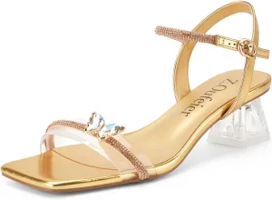 Z.Oufeier Women's Crystal Clear Strap Chunky Block Transparent Heel Rhinestone Butterfly Sandals Ankle Strap Square Open Toe Summer Dress Heels Shoes
