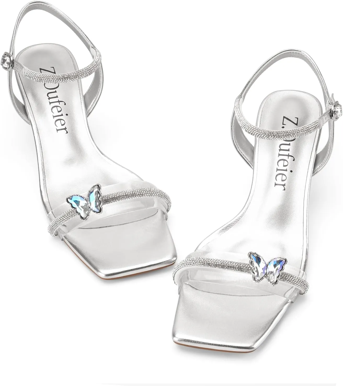 Z.Oufeier Women's Crystal Clear Strap Chunky Block Transparent Heel Rhinestone Butterfly Sandals Ankle Strap Square Open Toe Summer Dress Heels Shoes