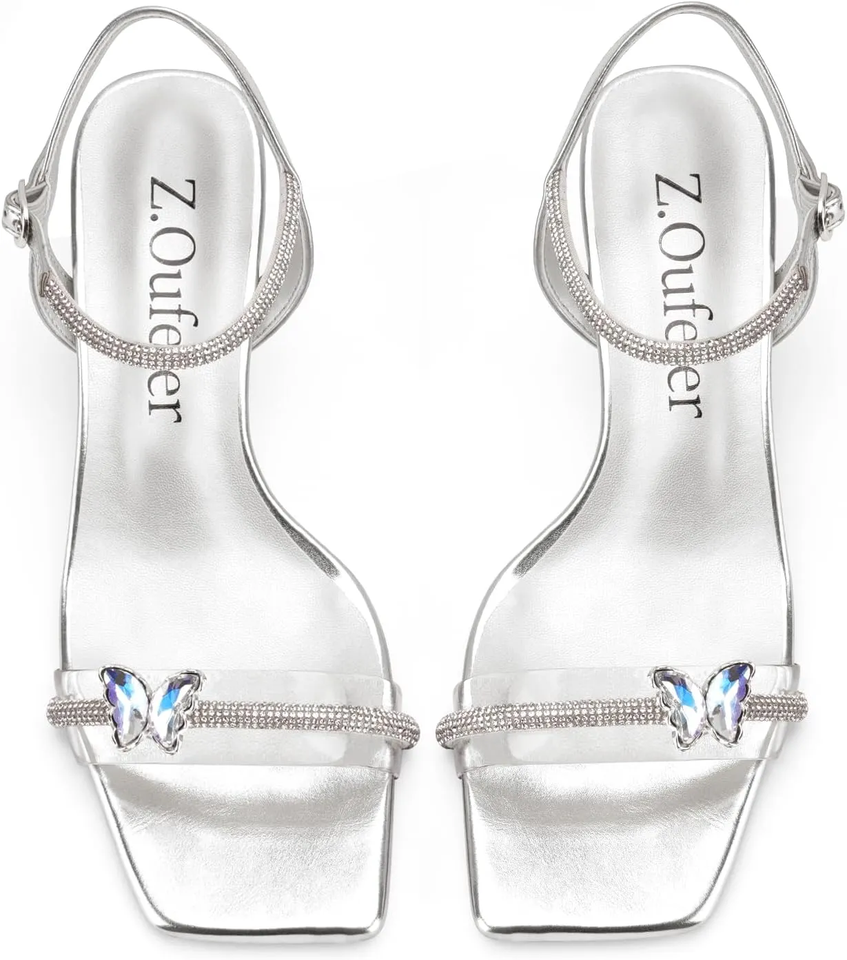 Z.Oufeier Women's Crystal Clear Strap Chunky Block Transparent Heel Rhinestone Butterfly Sandals Ankle Strap Square Open Toe Summer Dress Heels Shoes