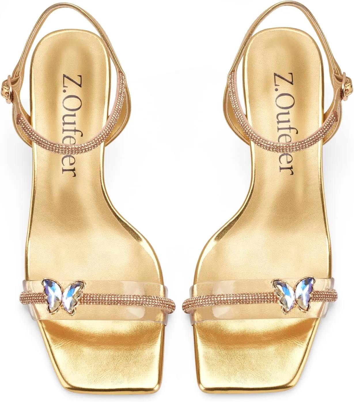 Z.Oufeier Women's Crystal Clear Strap Chunky Block Transparent Heel Rhinestone Butterfly Sandals Ankle Strap Square Open Toe Summer Dress Heels Shoes