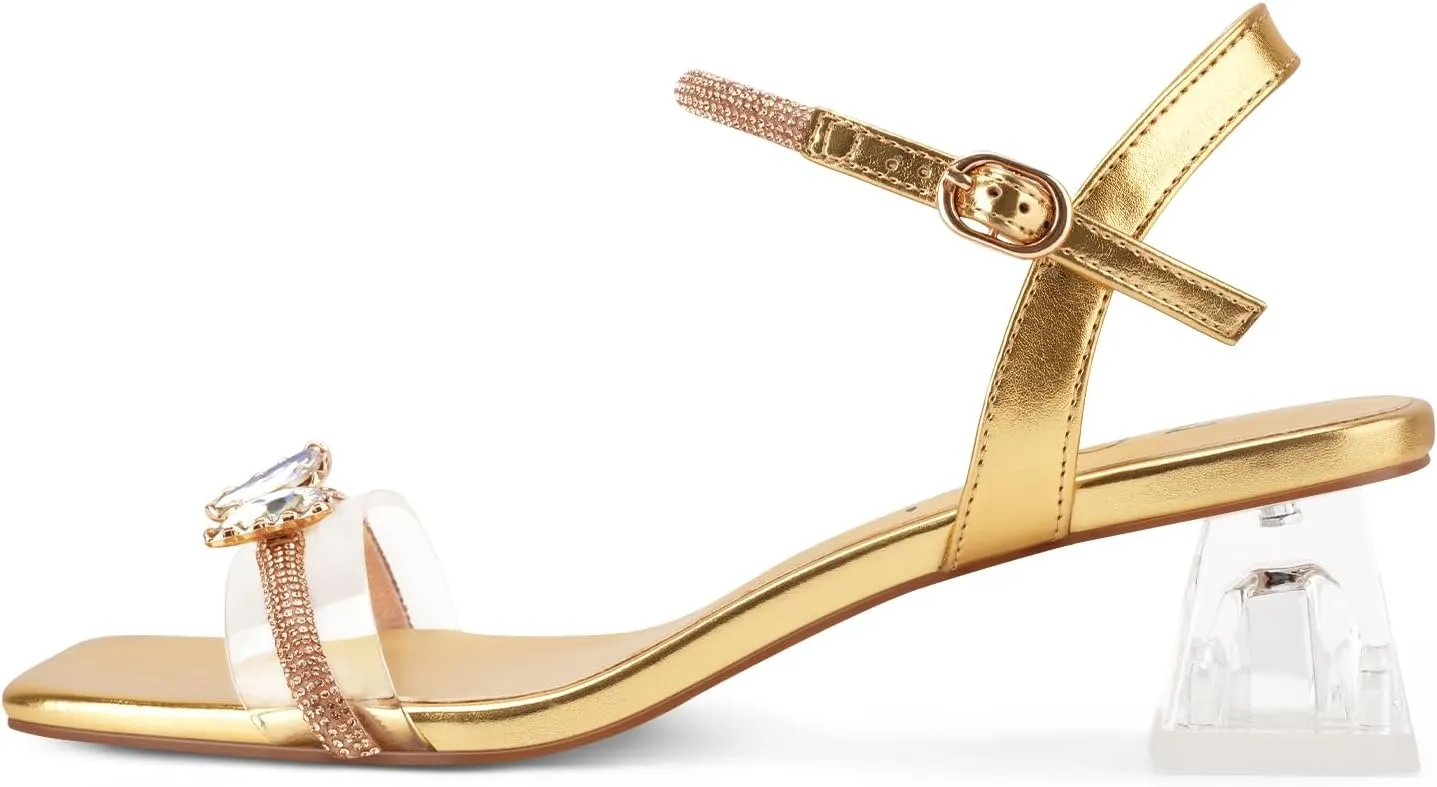 Z.Oufeier Women's Crystal Clear Strap Chunky Block Transparent Heel Rhinestone Butterfly Sandals Ankle Strap Square Open Toe Summer Dress Heels Shoes
