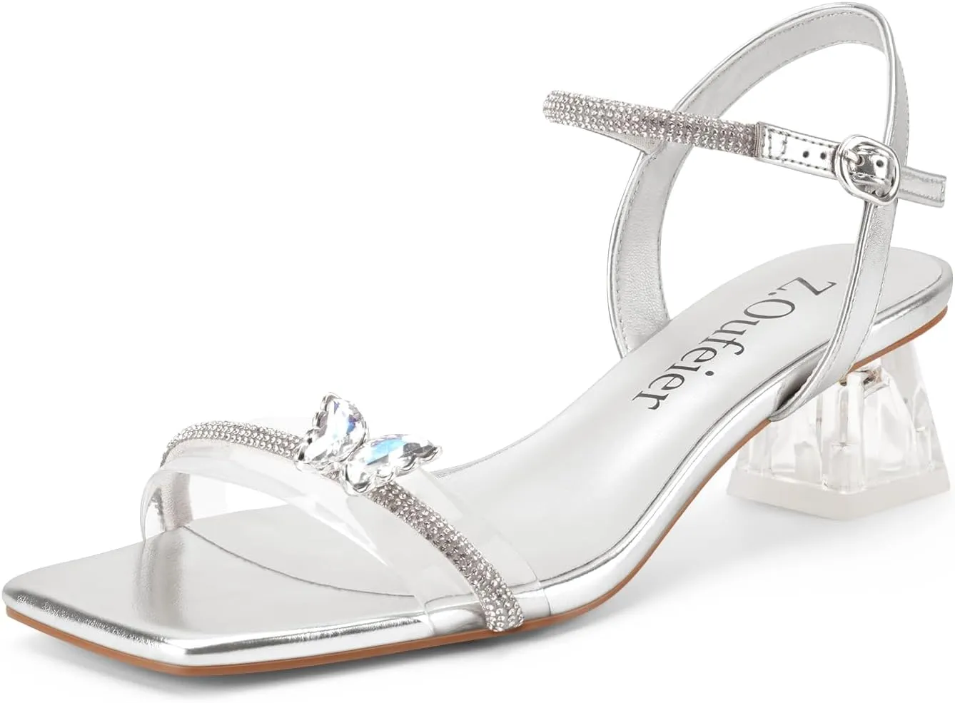 Z.Oufeier Women's Crystal Clear Strap Chunky Block Transparent Heel Rhinestone Butterfly Sandals Ankle Strap Square Open Toe Summer Dress Heels Shoes