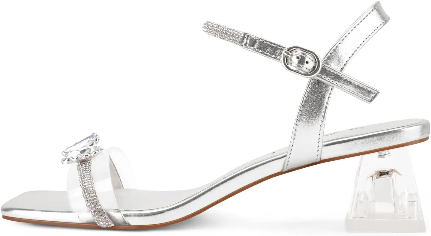Z.Oufeier Women's Crystal Clear Strap Chunky Block Transparent Heel Rhinestone Butterfly Sandals Ankle Strap Square Open Toe Summer Dress Heels Shoes