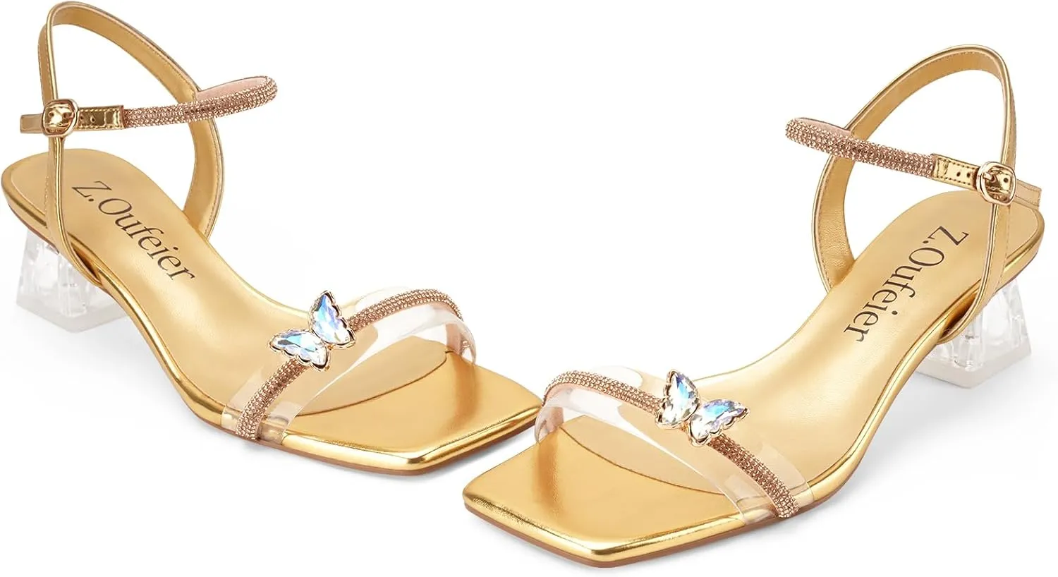 Z.Oufeier Women's Crystal Clear Strap Chunky Block Transparent Heel Rhinestone Butterfly Sandals Ankle Strap Square Open Toe Summer Dress Heels Shoes