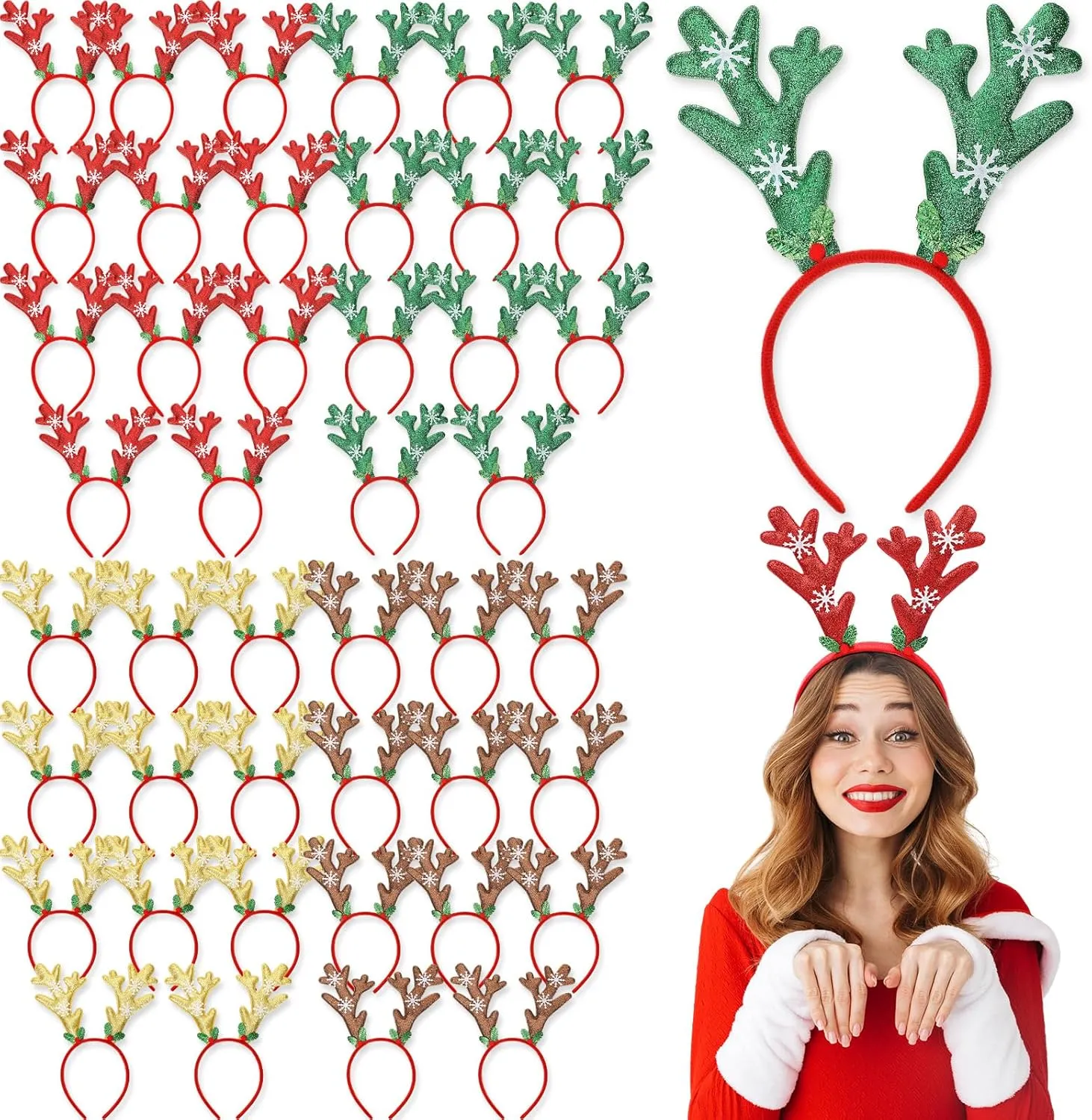 Zubebe Christmas Deer Antlers Headband Glitter Snowflake Reindeer Bulk Antlers Headpiece Headdress for Costume Party(24 Pcs)